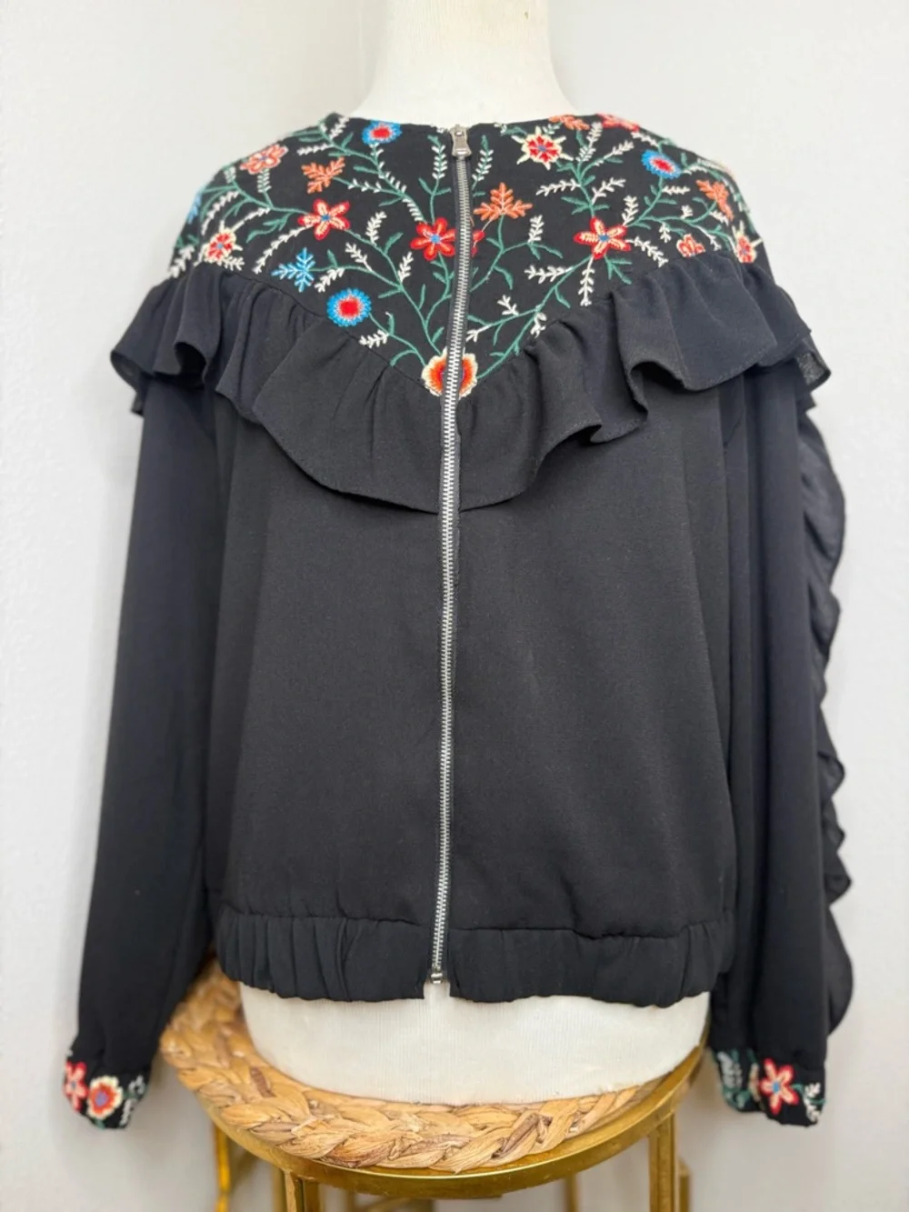 Zara Trf jacket Black embroidered Zip Up Bomber multi floral ruffle sleeve frill